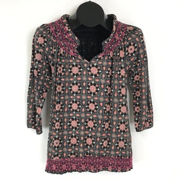 Lucky Brand Circle Diamond Smocked Blouse Women's Size Small Stretch Knit Boho - Picture 1 of 11